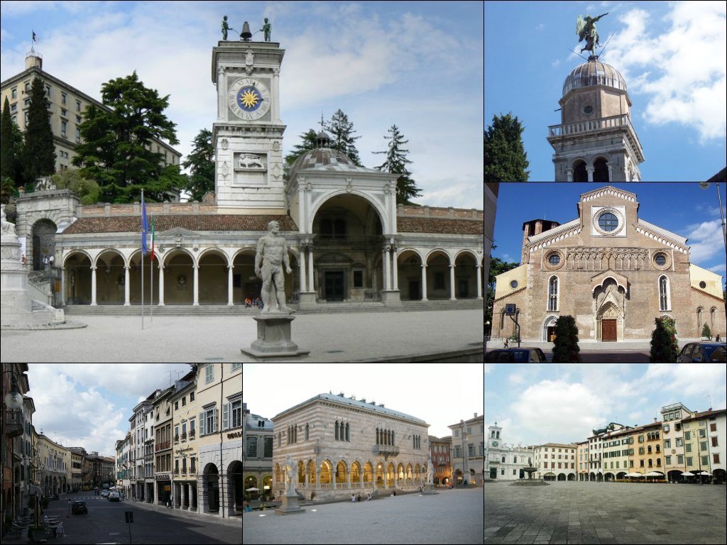 A montage of Udine landmarks: the clock tower in Piazza Libertà, the cathedral, the Loggia del Lionello, and the old streets and squares